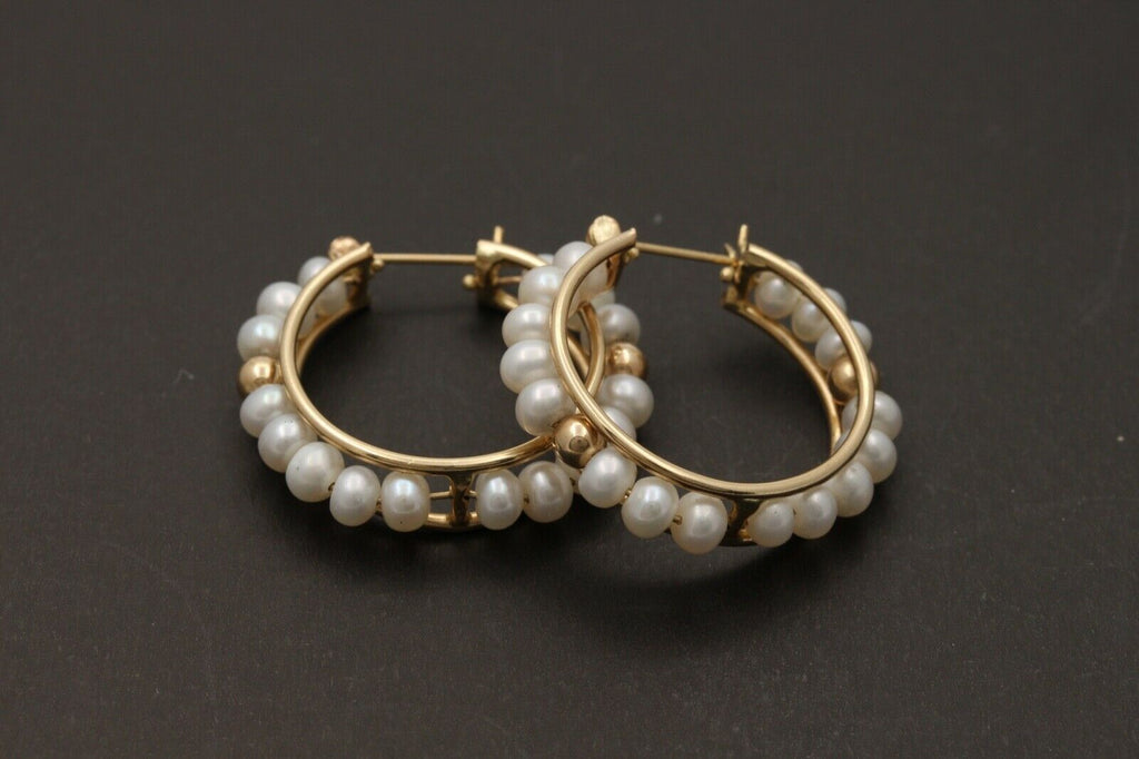Vintage Hoop 14K Yellow Gold Cultured Pearl Earrings