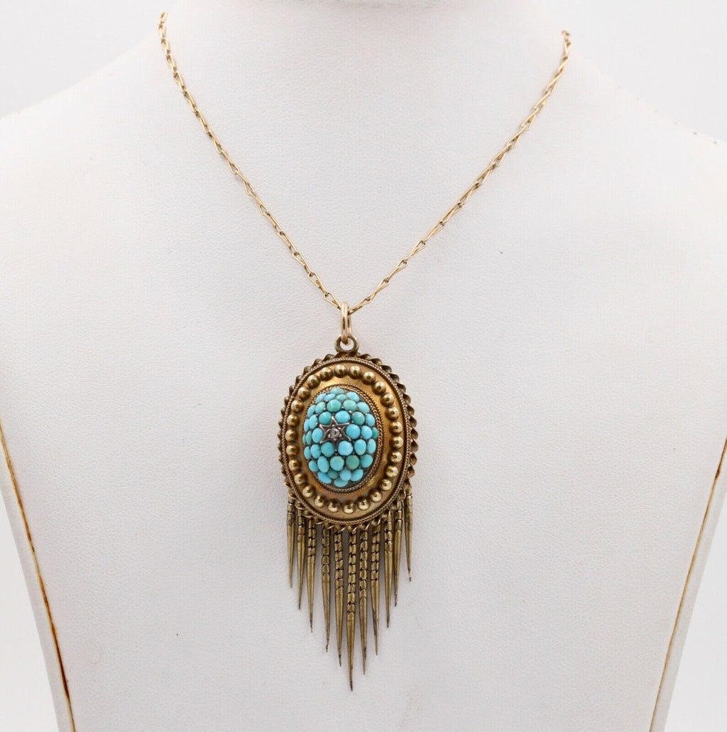 Victorian Rose Cut Diamond Turquoise 14K Yellow Gold Pendant