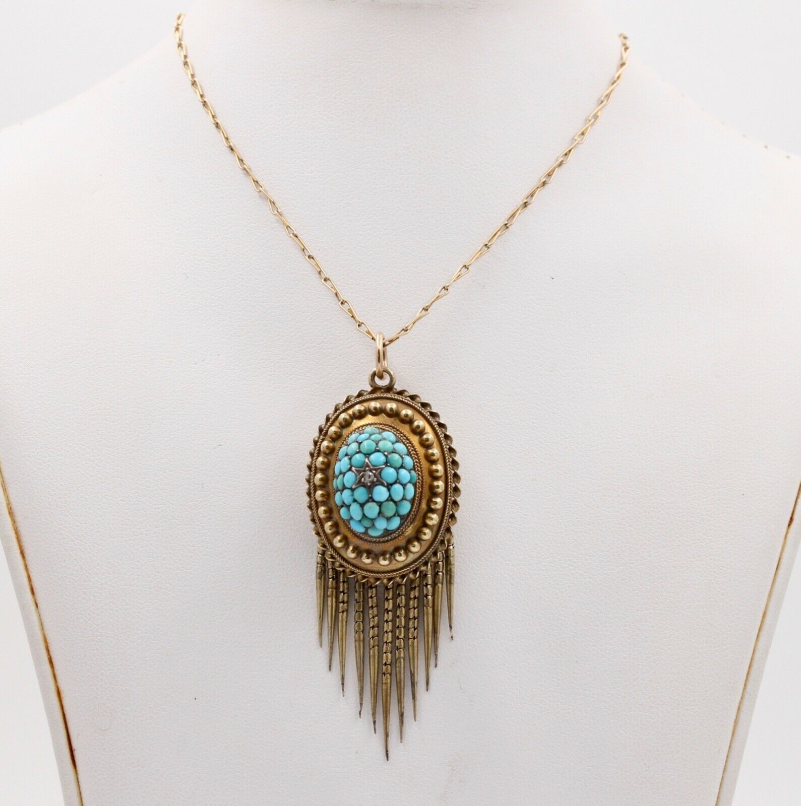 Victorian Rose Cut Diamond Turquoise 14K Yellow Gold Pendant