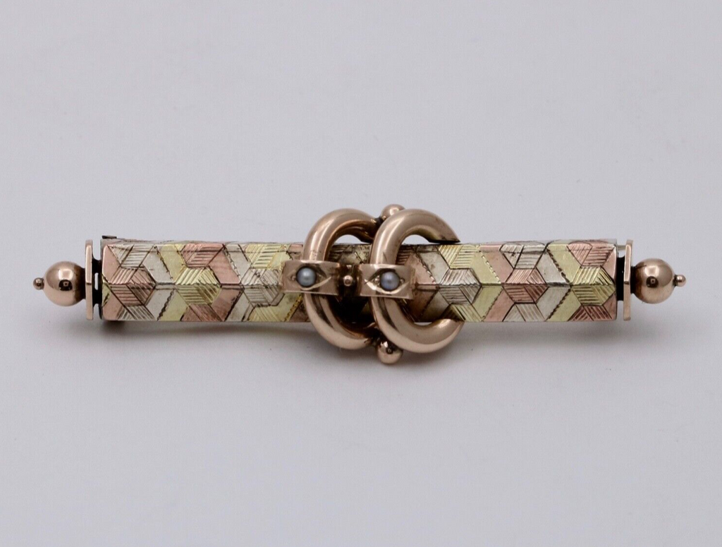 Antique Victorian Tri- Color 10K Gold Pearl Bar Pin, Antique Brooch