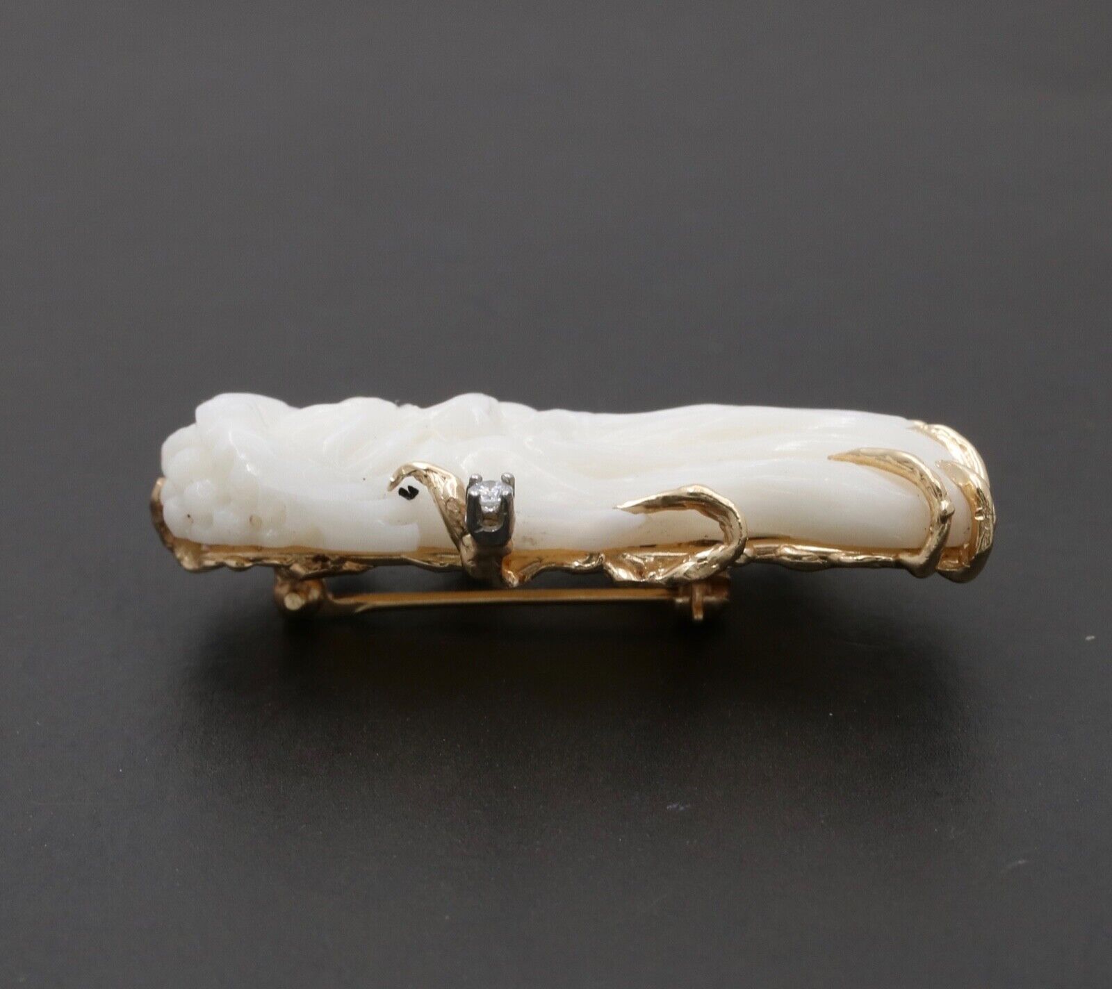 Vintage Carved White Coral Immortal Diamond 14K Yellow Gold Brooch