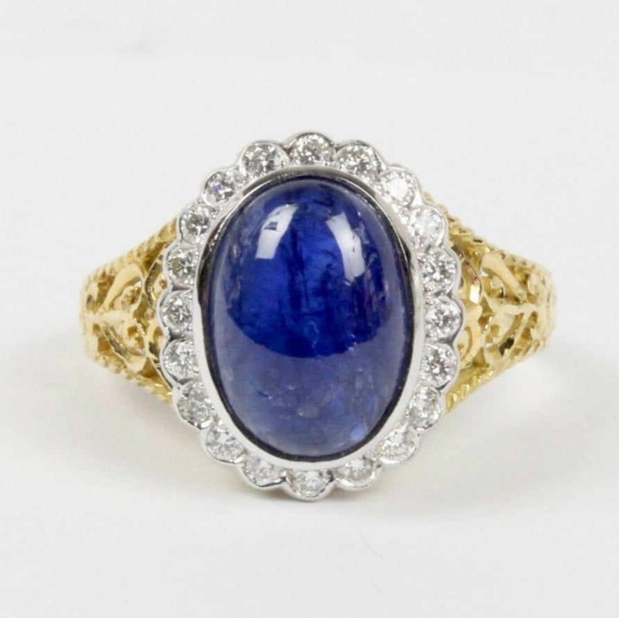 Vintage 18K Yellow Gold Cabochon Sapphire Diamond Cocktail Ring