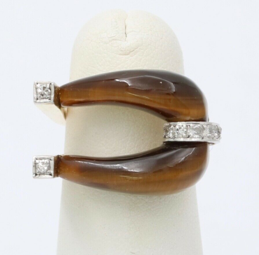 Modern Vintage 14K Yellow Gold Geometric Tiger Eye & Diamond Ring.