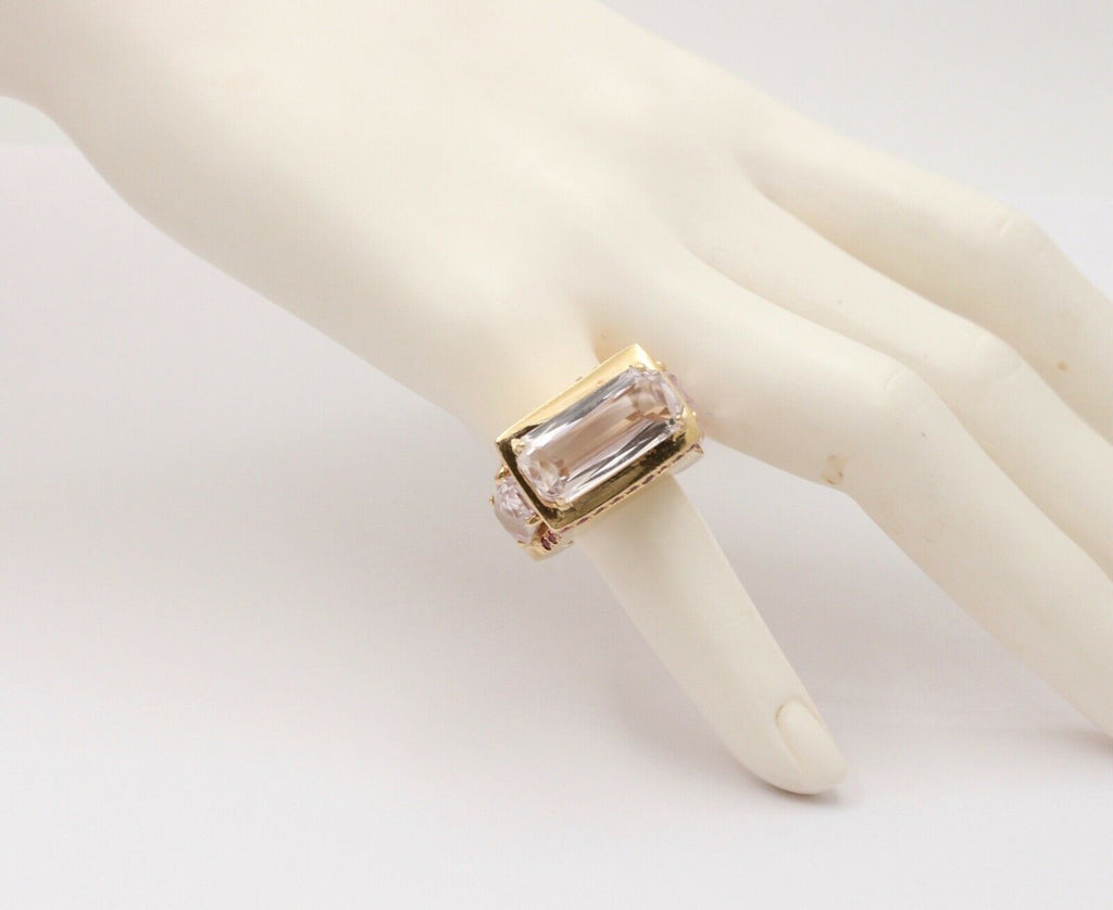 Striking 14K Yellow Gold Pink Kunzite And Ruby Tank Ring, Statement Ring