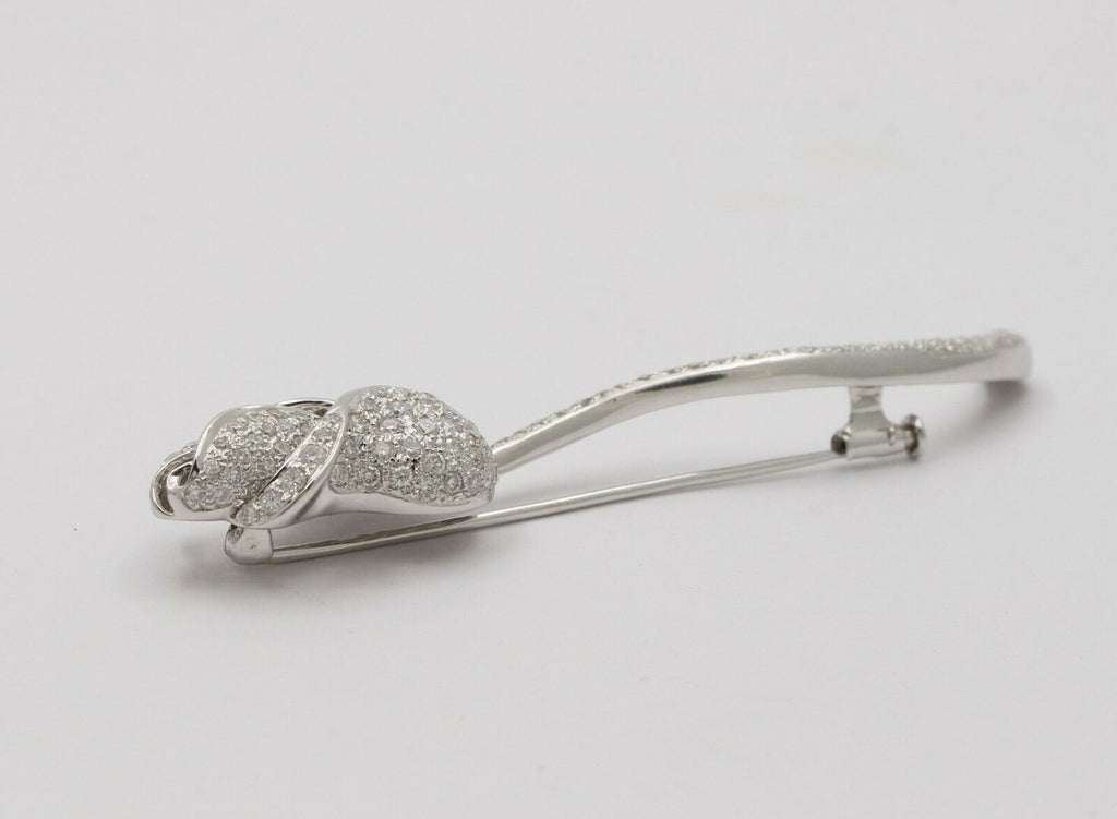 Vintage Estate Elegant Rose Flower Brilliant Cut Diamonds 18K White Gold Brooch,