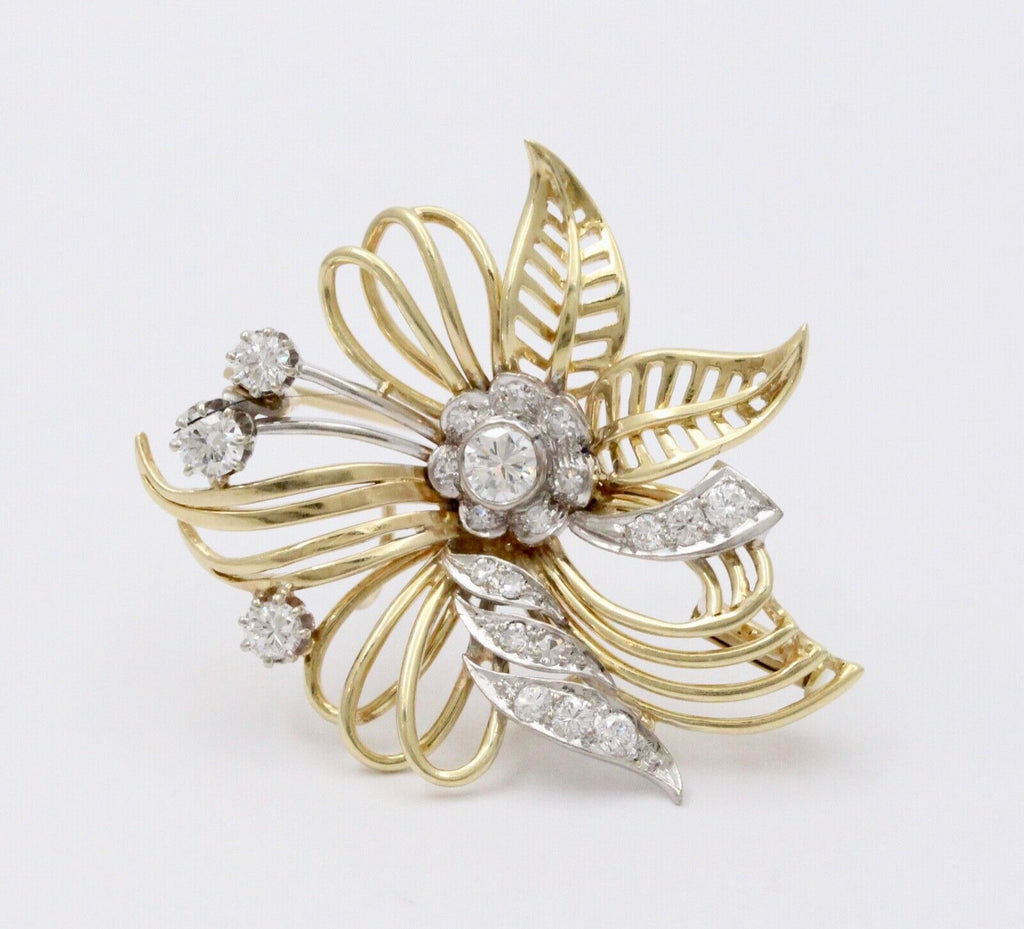 Vintage Flower Diamonds 14K Yellow Gold Pendant Brooch Pin