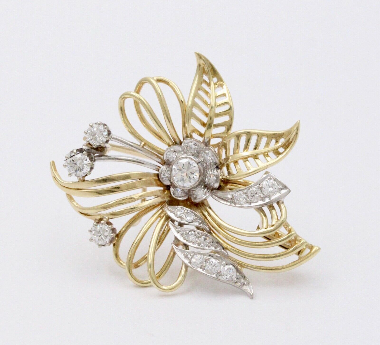 Vintage Flower Diamonds 14K Yellow Gold Pendant Brooch Pin