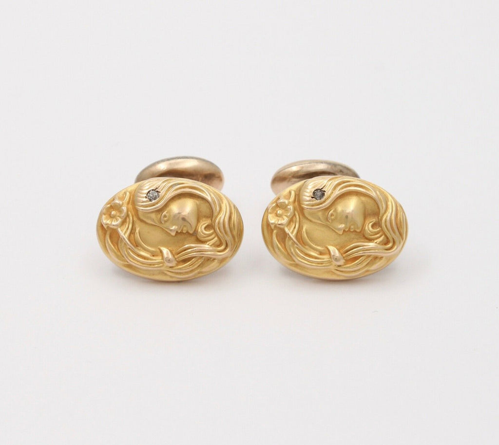 Art Nouveau Portrait Diamond 14K Yellow Gold Cufflinks