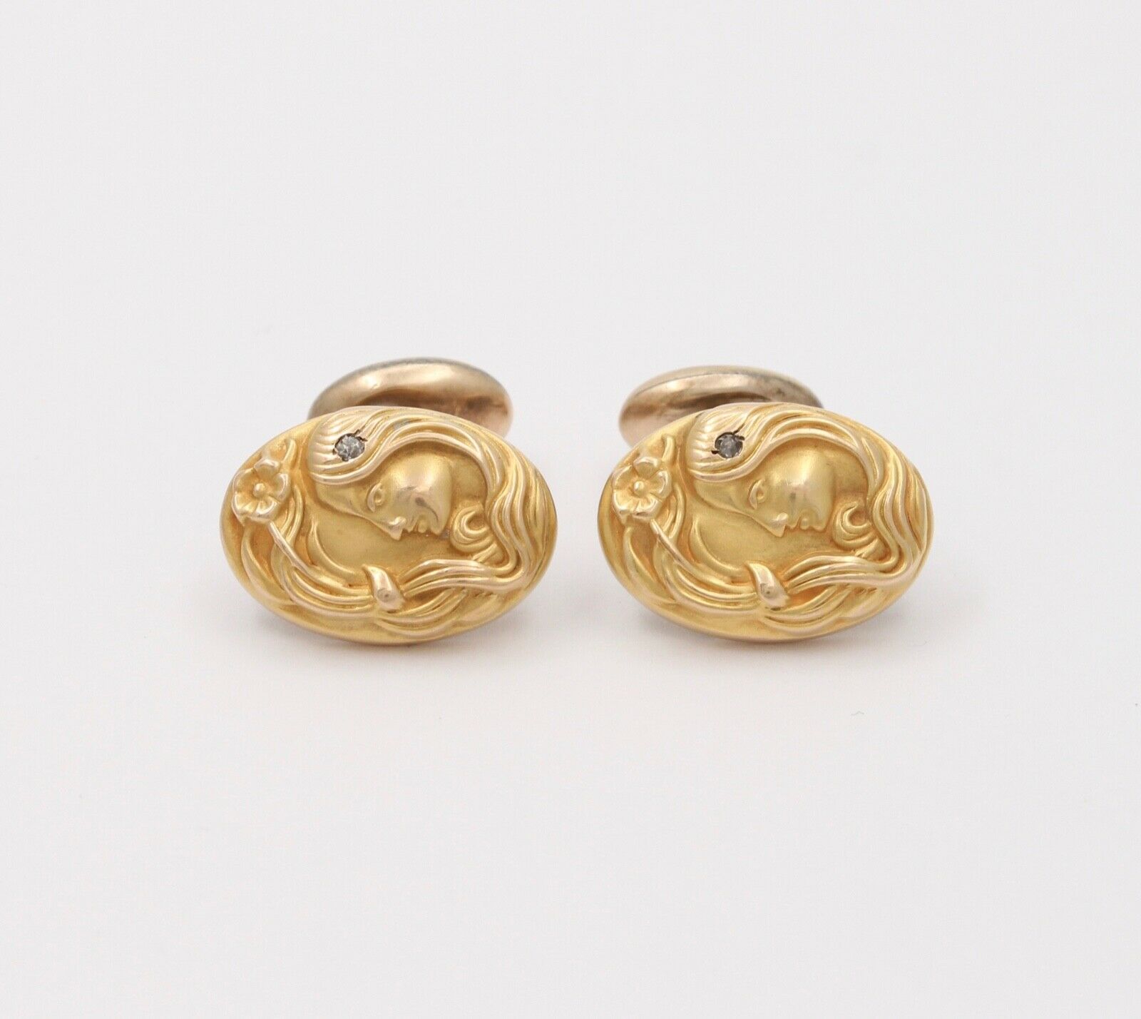 Art Nouveau Portrait Diamond 14K Yellow Gold Cufflinks