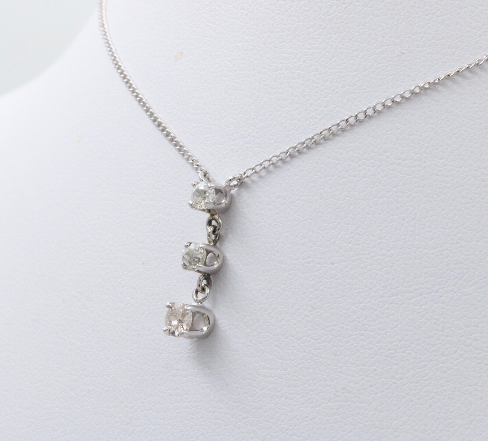 Vintage 14K White Gold Three Diamond Pendant, Necklace