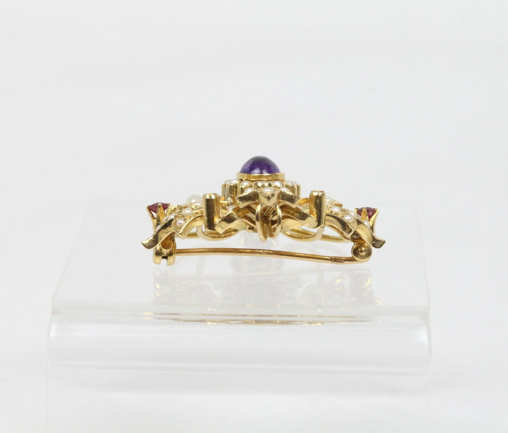 Victorian Ladies Brooch Pin Pendant Rubies Tourmaline Seed Pearls Amethyst