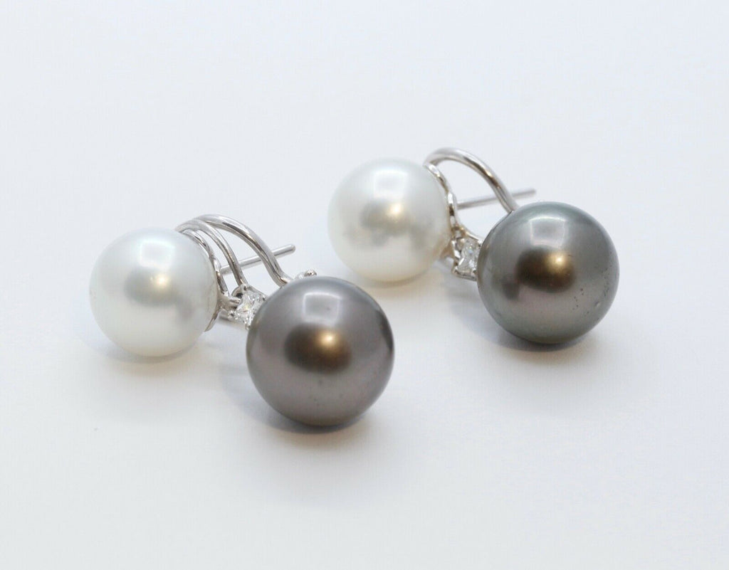 South Sea White and Tahitian Pearls Diamonds 18K White Gold Vintage Earrings