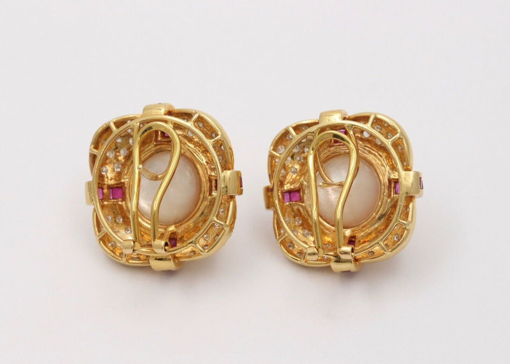 Vintage Mabe Pearl Diamond & Ruby Button Clip Earrings