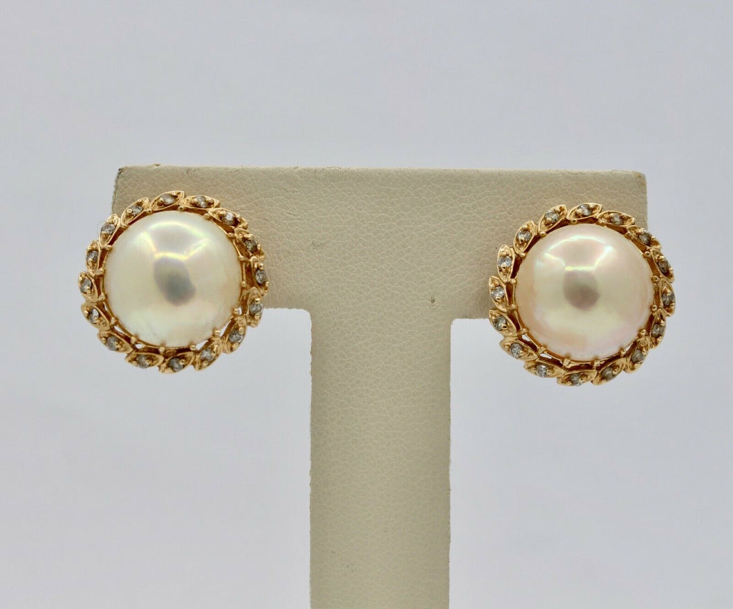 Vintage 14K Yellow Gold Mabe Pearl Diamond Earrings