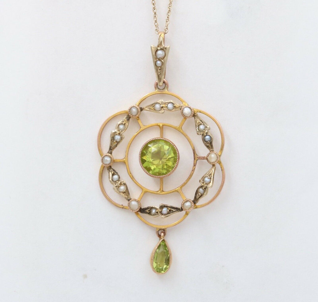 Art Nouveau Peridot Seed Pearls 9 Carat Pendant