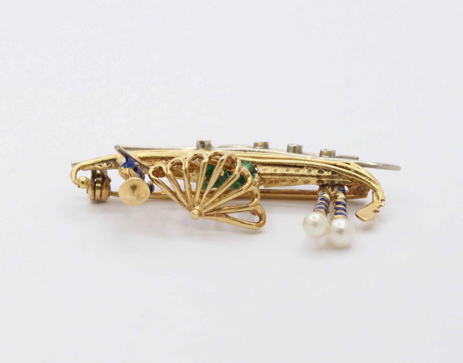 Vintage 18K Yellow Gold Enamel Diamond Boat Brooch