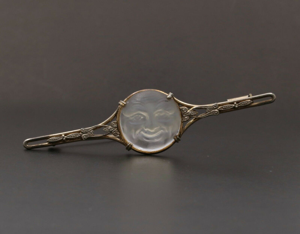Vintage Man In The Moon Art Glass GF Brooch Pin
