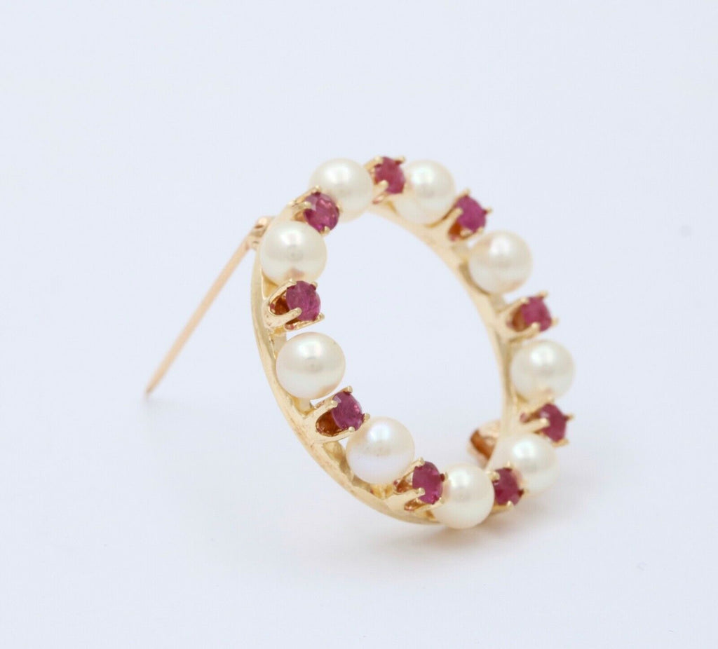 Vintage Rubies Cultured Pearls 14K Yellow Gold Brooch Pin