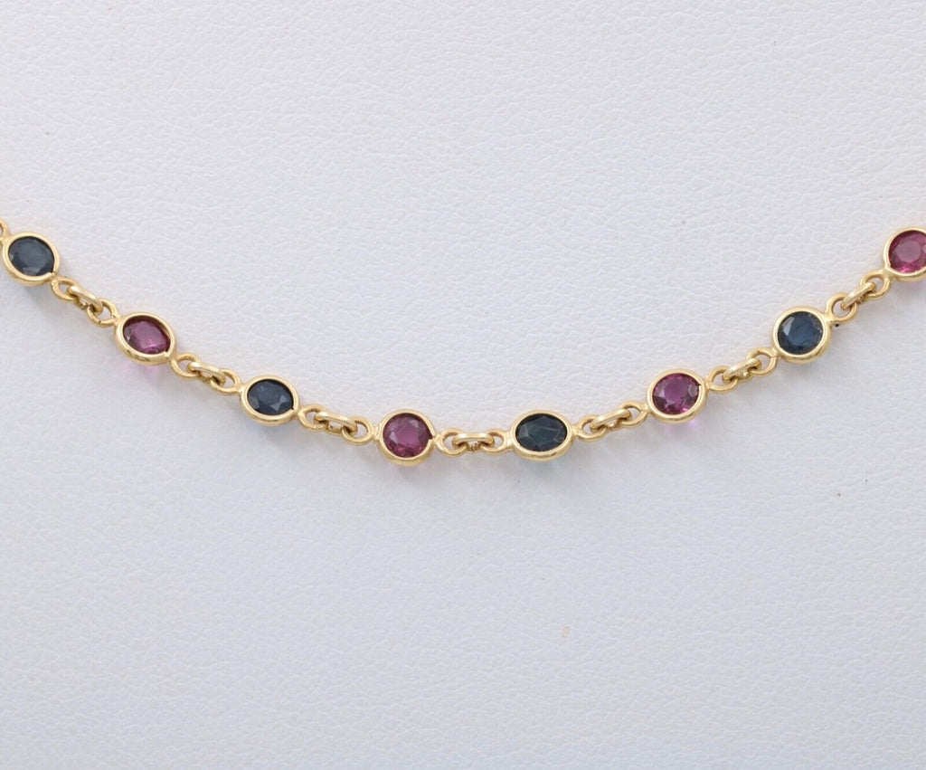 Vintage 14K Yellow Gold Ruby And Sapphire By The Yard Necklace. Station Necklace