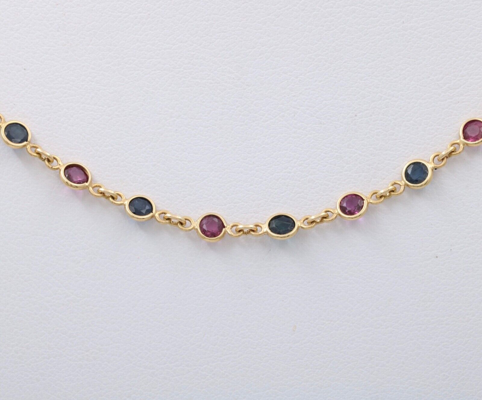Vintage 14K Yellow Gold Ruby And Sapphire By The Yard Necklace. Station Necklace
