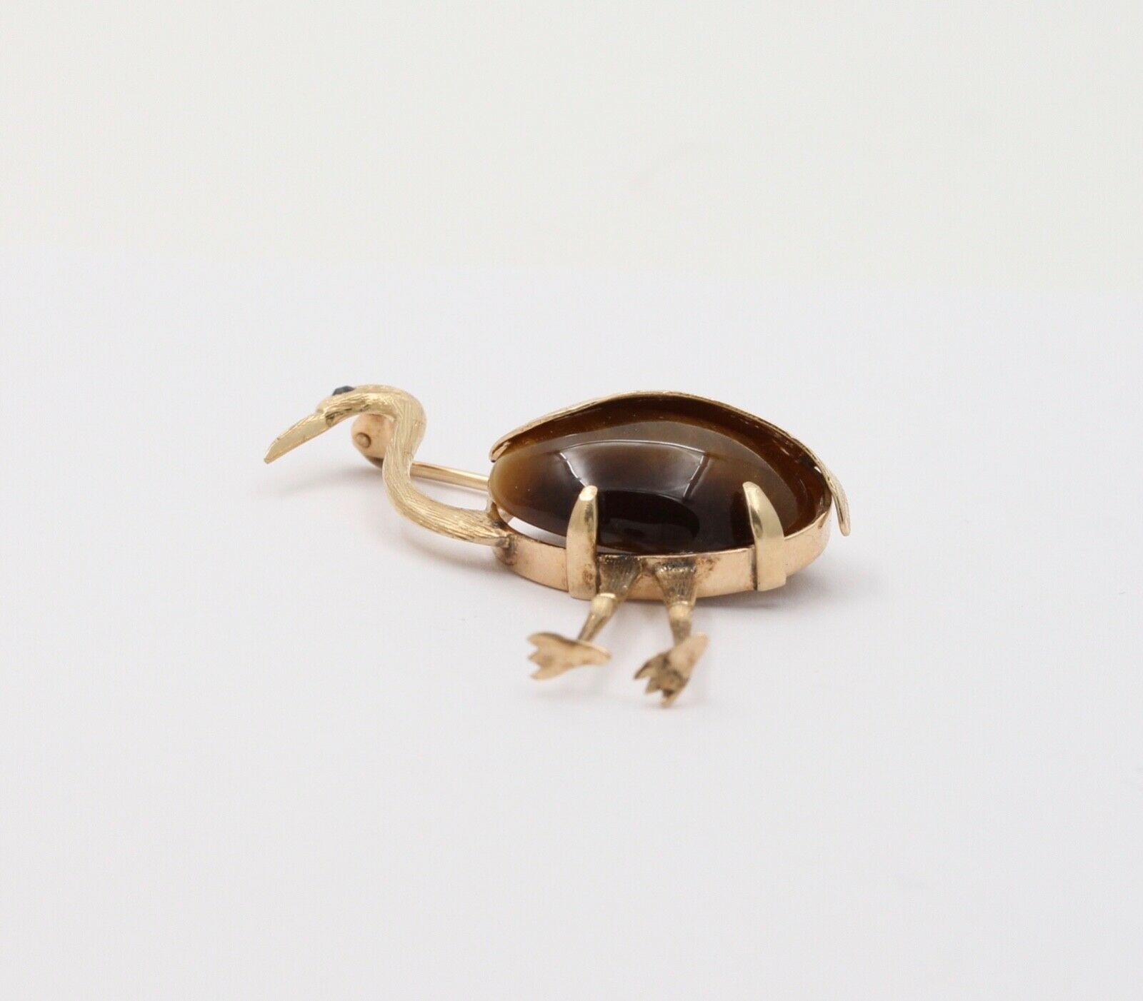 Vintage 14K Yellow Gold Tiger Eye Crane Bird Brooch, Estate Pin.