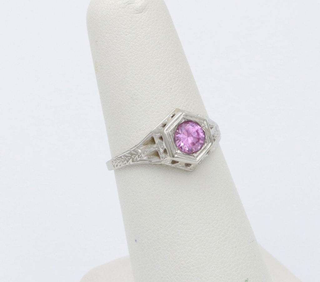 Art Deco 18K White Gold Pink Sapphire Filigree Ring Band, Engagement Ring