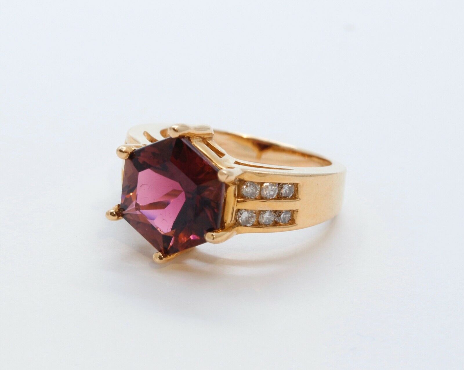 Large Pinkish Purple Hexagonal Cut Tourmaline Diamonds 14K YG Ring