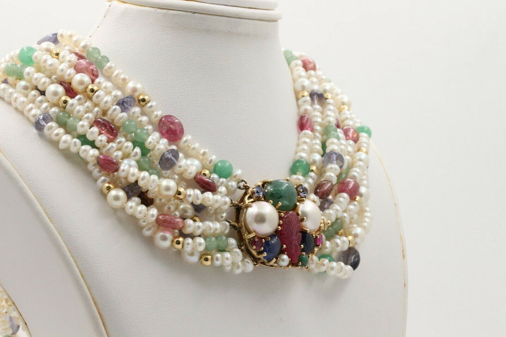 Vintage Beaded Pearl, Ruby, Sapphire and Aventurine Multi Strings Necklace