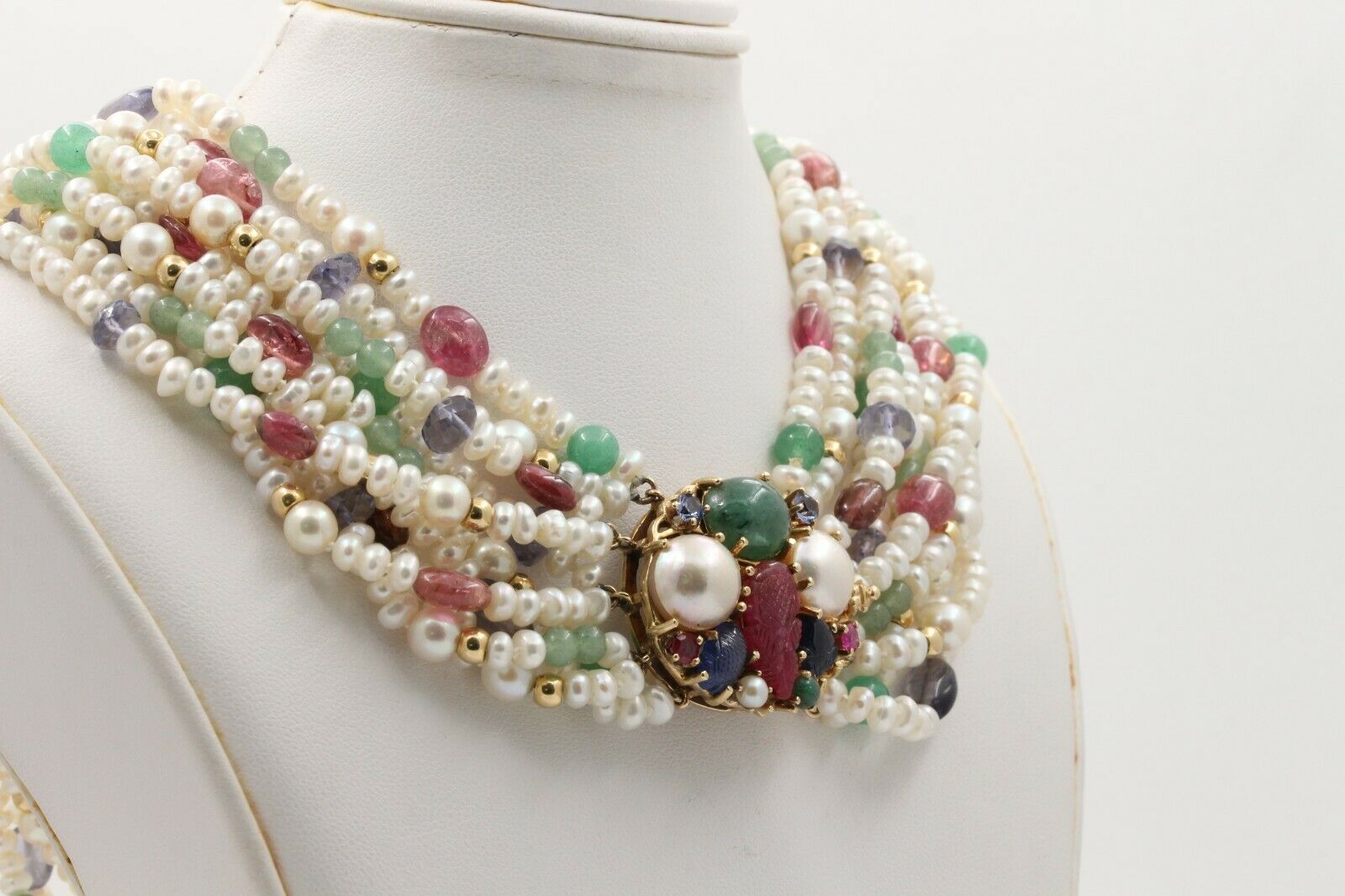 Vintage Beaded Pearl, Ruby, Sapphire and Aventurine Multi Strings Necklace