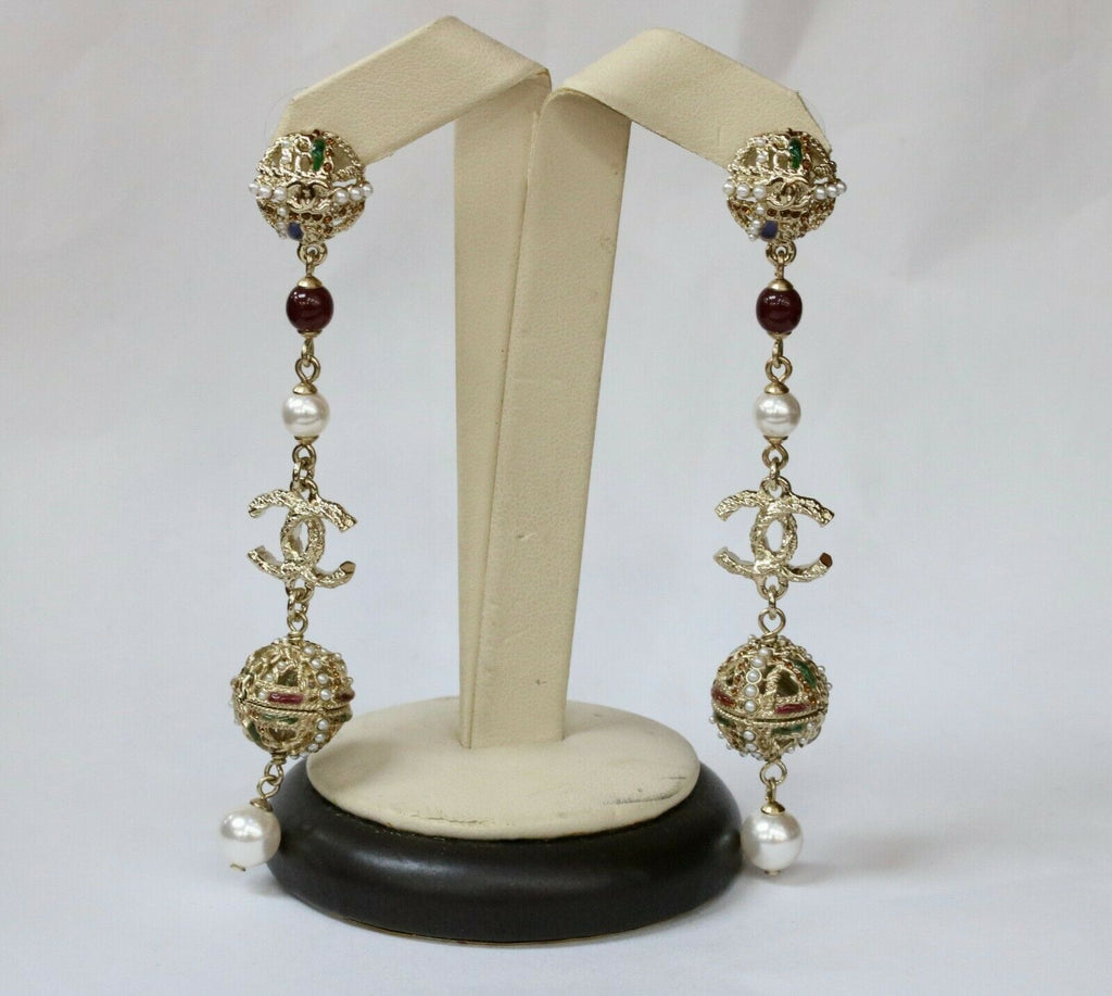 Chanel CC Logo Long Dangling Earrings with Crystal Pearls