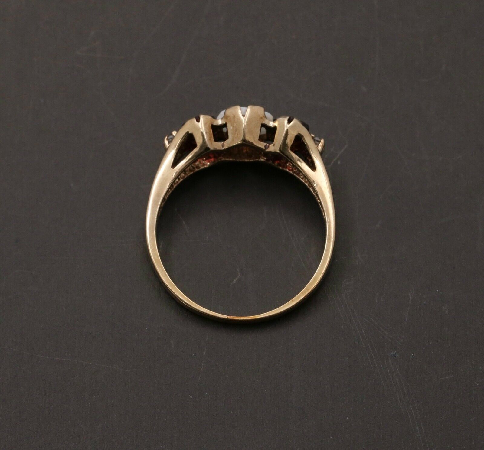 Vintage 10K Yellow Gold Opal, Garnet and Diamond Ring Band. Stacking Ring.