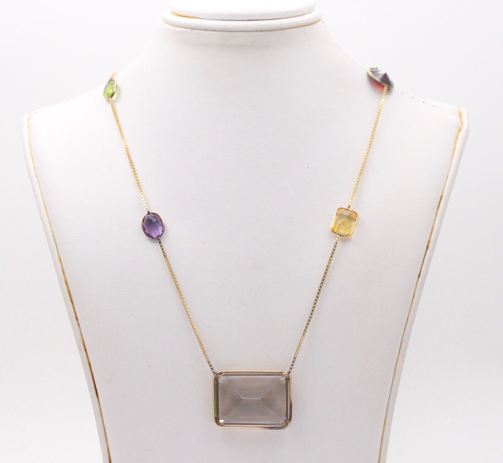 Vintage 14K Yellow Gold Smoky Quartz, Amethyst, Citrine,and Peridot Station Neck