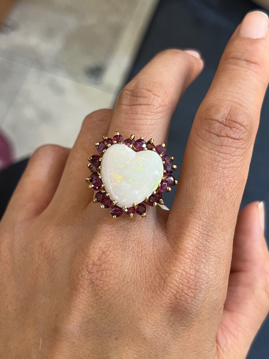 Vintage 14K Gold Heart Opal & Ruby Halo Ring.
