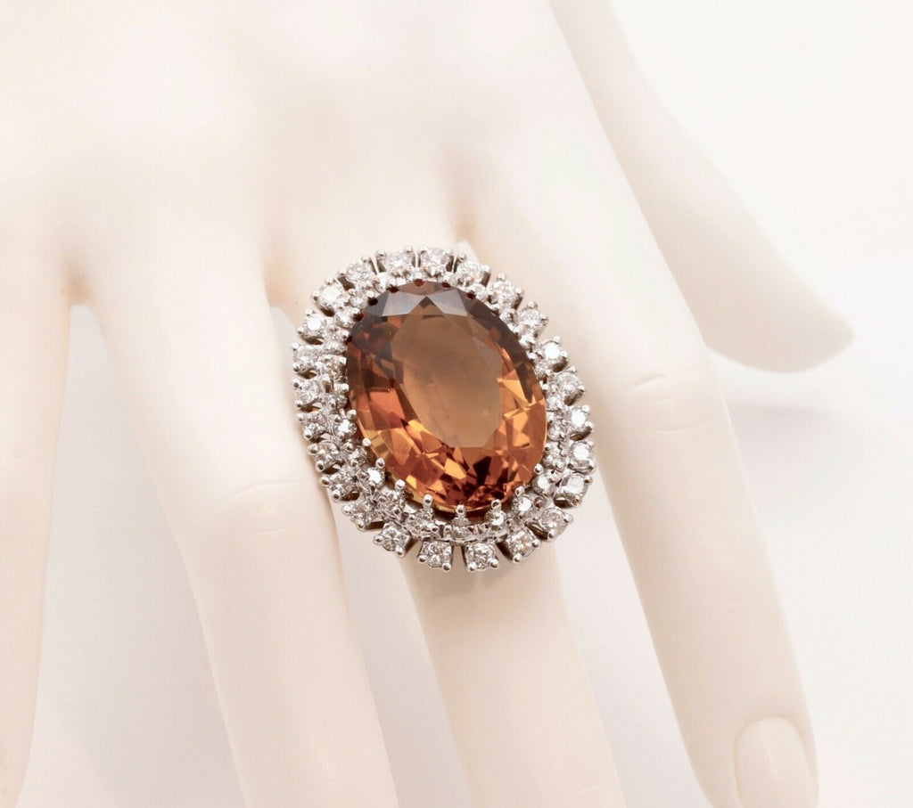 Vintage Statement Ring with Citrine Diamonds 14K White Gold