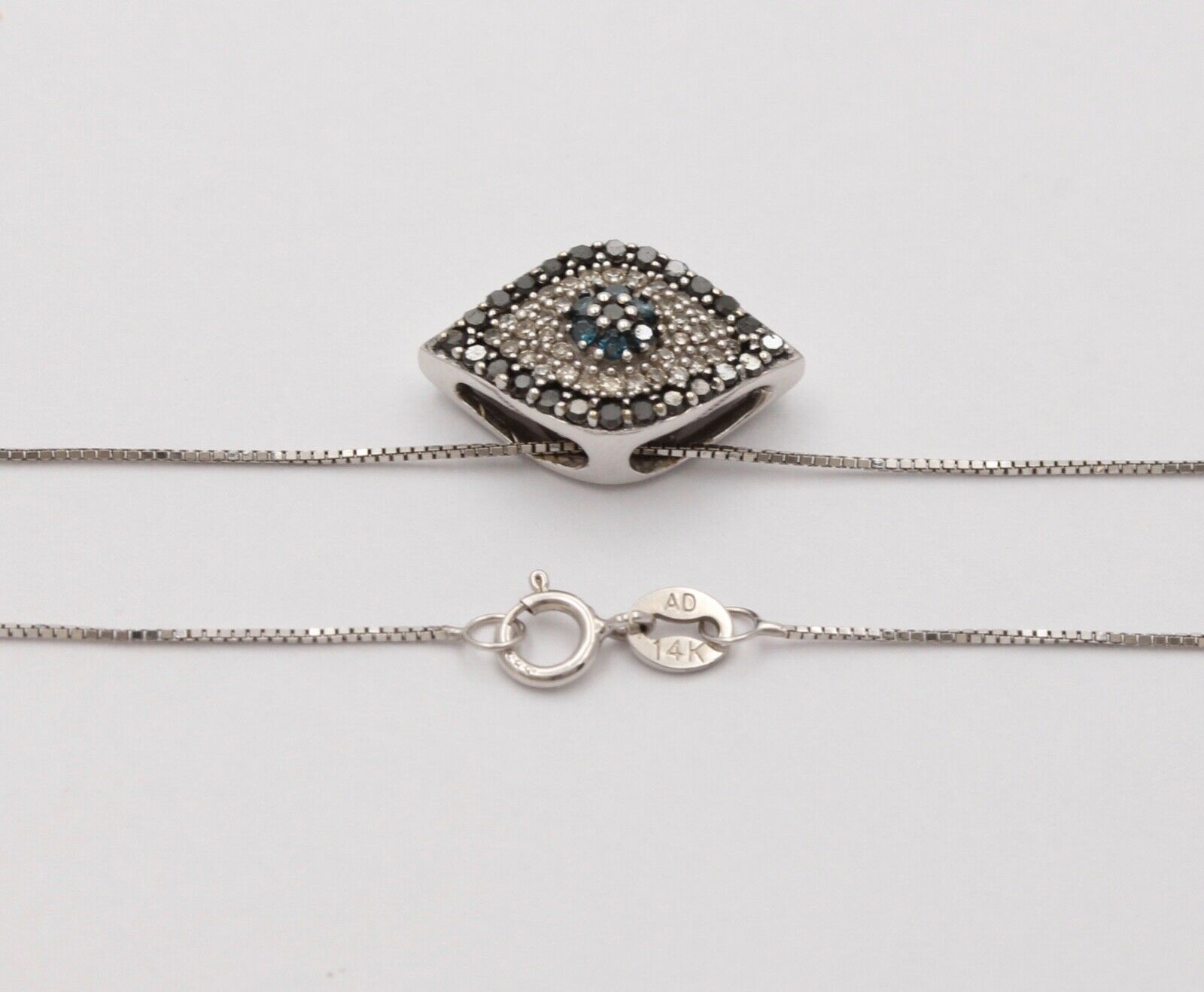 Beautiful Evil Eye Apotropaic Diamonds Sapphires 14K White Gold Pendant & Chain