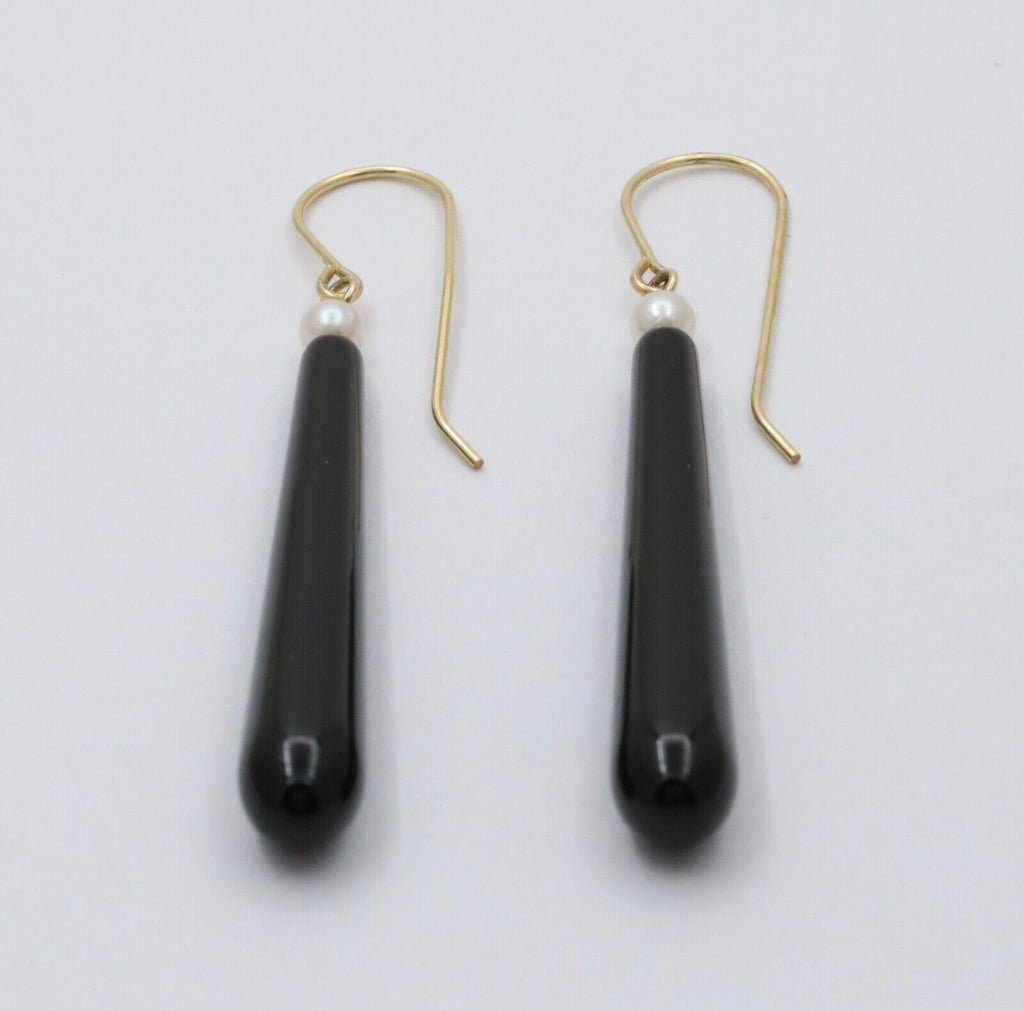 Vintage 14K Gold Onyx & Pearl Monochrome Dangling Earrings.