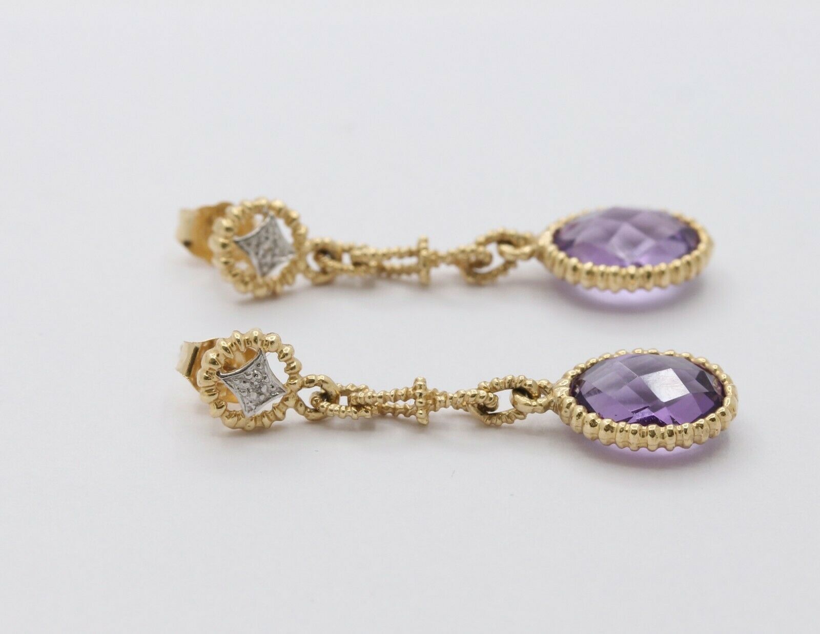 Vintage 14K Yellow Gold Hanging Amethyst Diamond Earrings