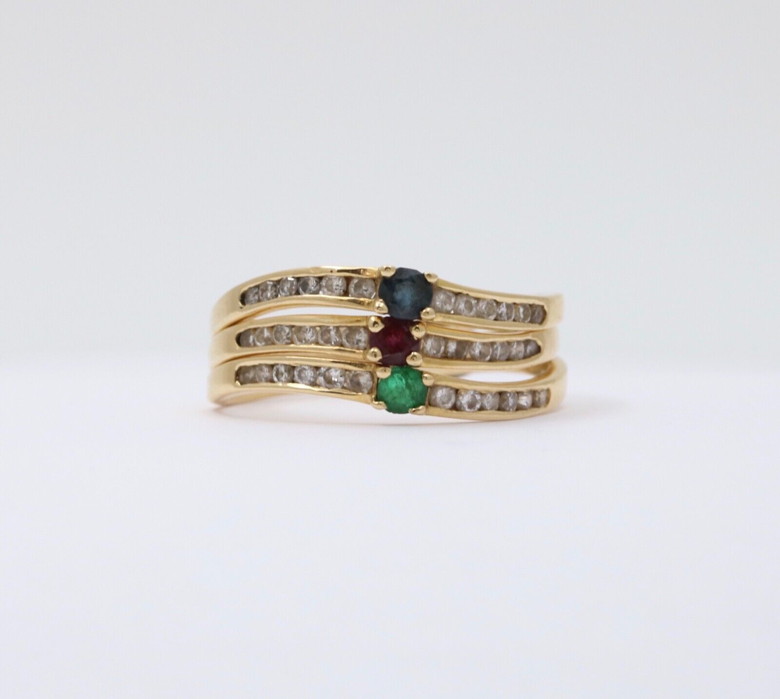 Vintage Trio Stacking Solitaire Emerald Sapphire Ruby 18K Yellow Gold Rings