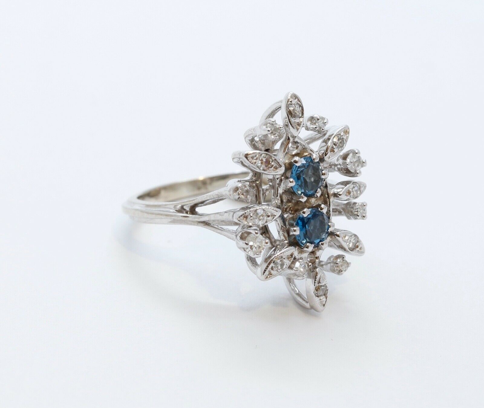 Vintage Flower London Blue Topaz Diamonds 14K White Gold Ring