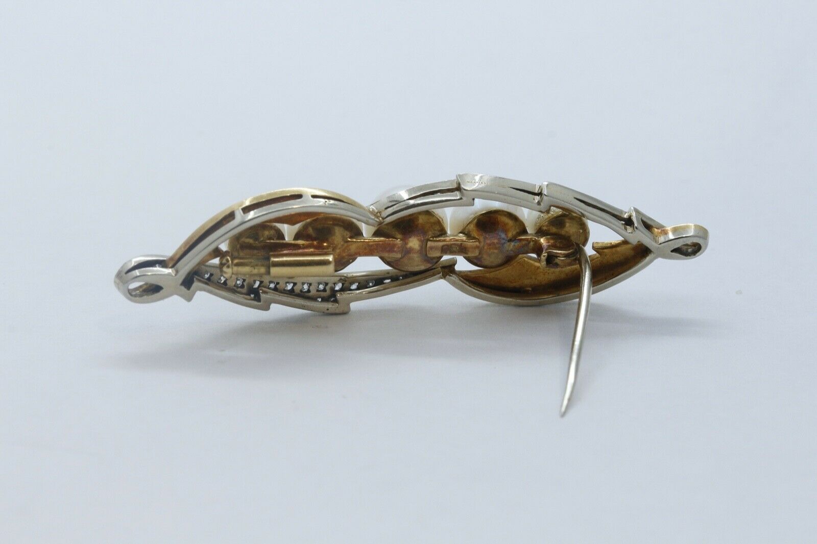Unique Art Deco Diamonds Pearls Red Enamel 18K Yellow Gold Brooch Pin
