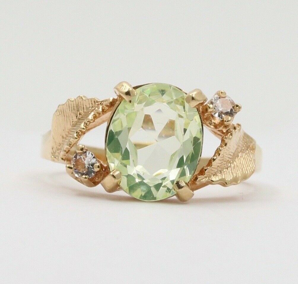 Vintage Leaf motif Man Made Lime yellow cushion cut stone and Diamond Gold Ring
