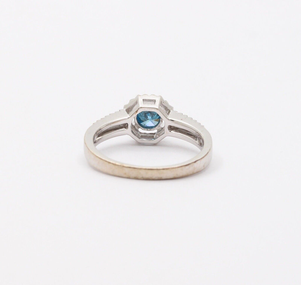 Vintage 14K White Gold Blue Topaz Diamond Halo Ring, Engagement Rig