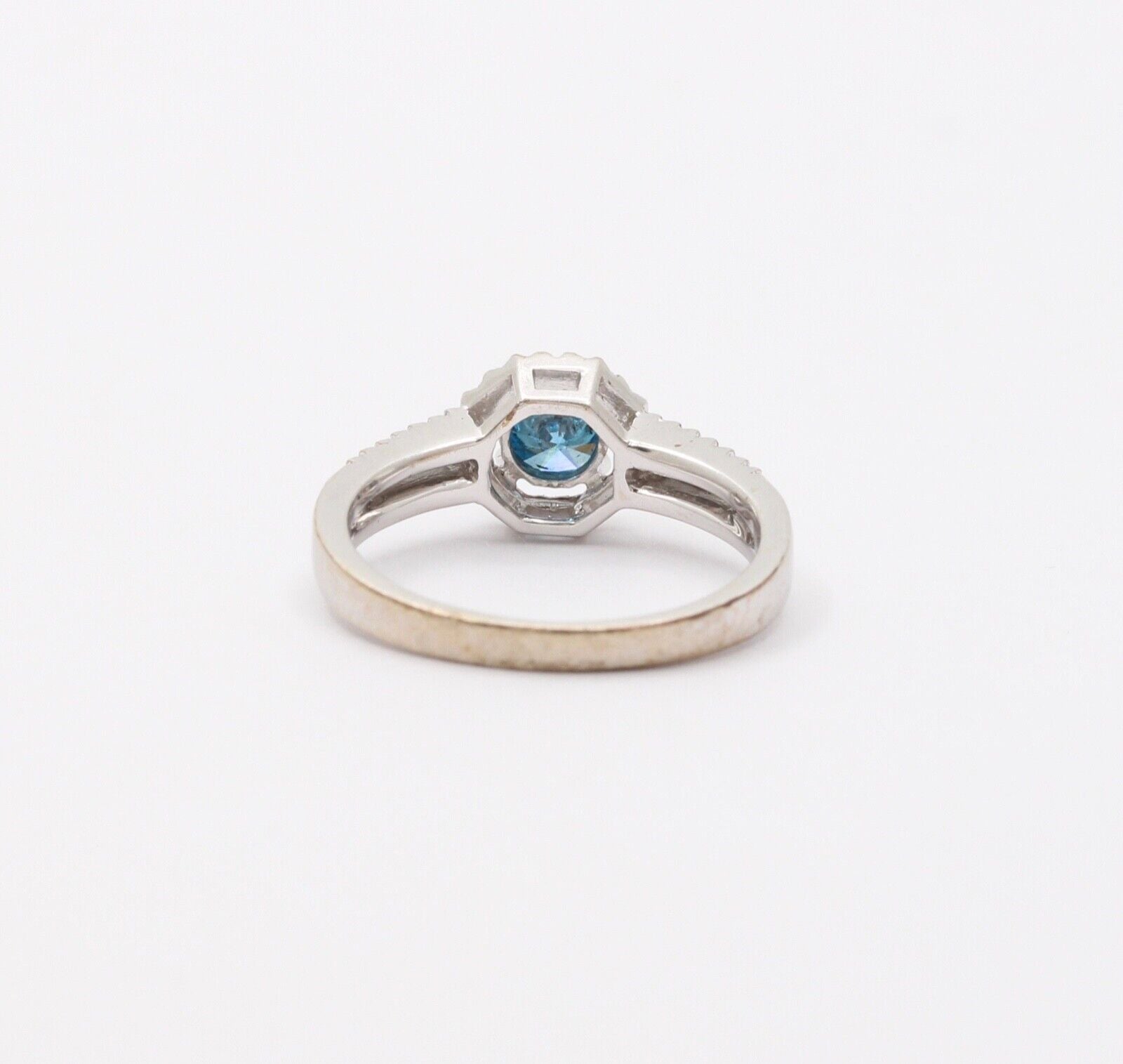 Vintage 14K White Gold Blue Topaz Diamond Halo Ring, Engagement Rig