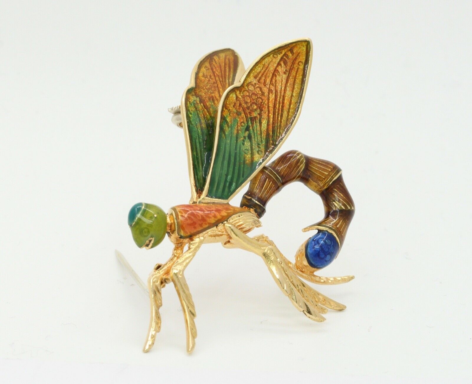 Vintage Italian 18K Yellow Gold Enamel Dragonfly Brooch