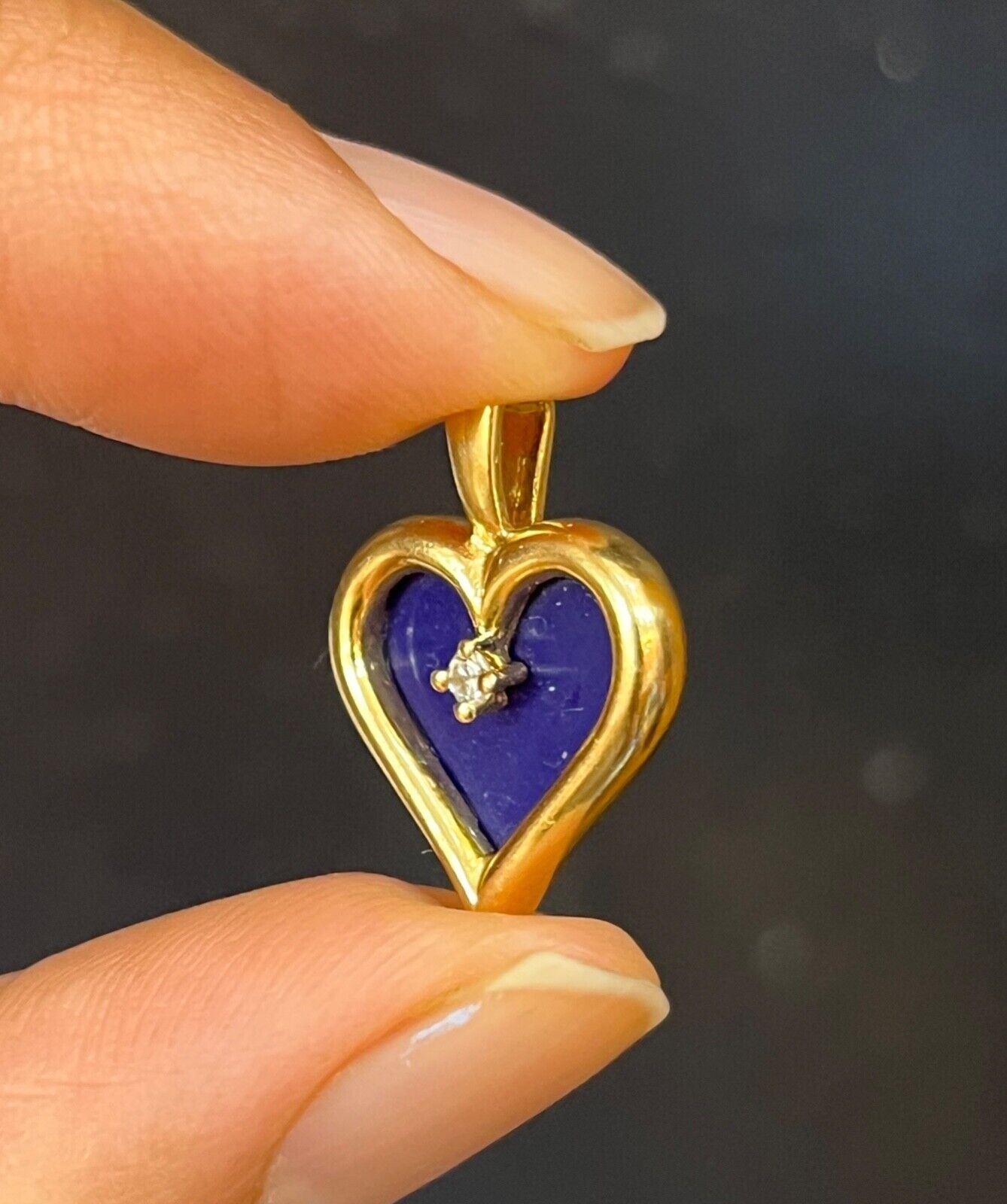 Vintage 14K Yellow Gold Lapis Lazuli Heart Diamond Pendant, Charm