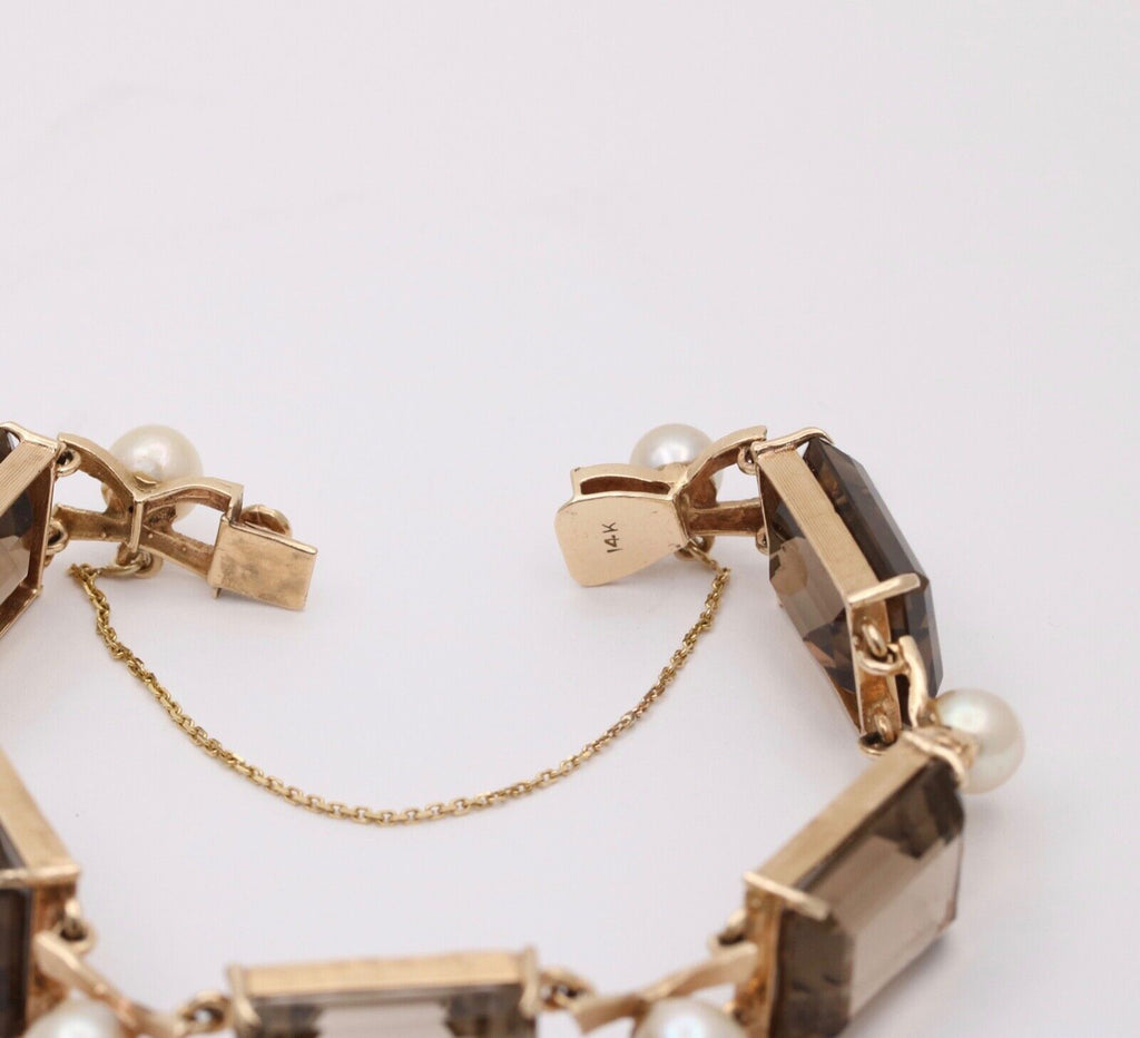 Vintage 14K Yellow Gold Smoky Topaz & Pearl Bracelet