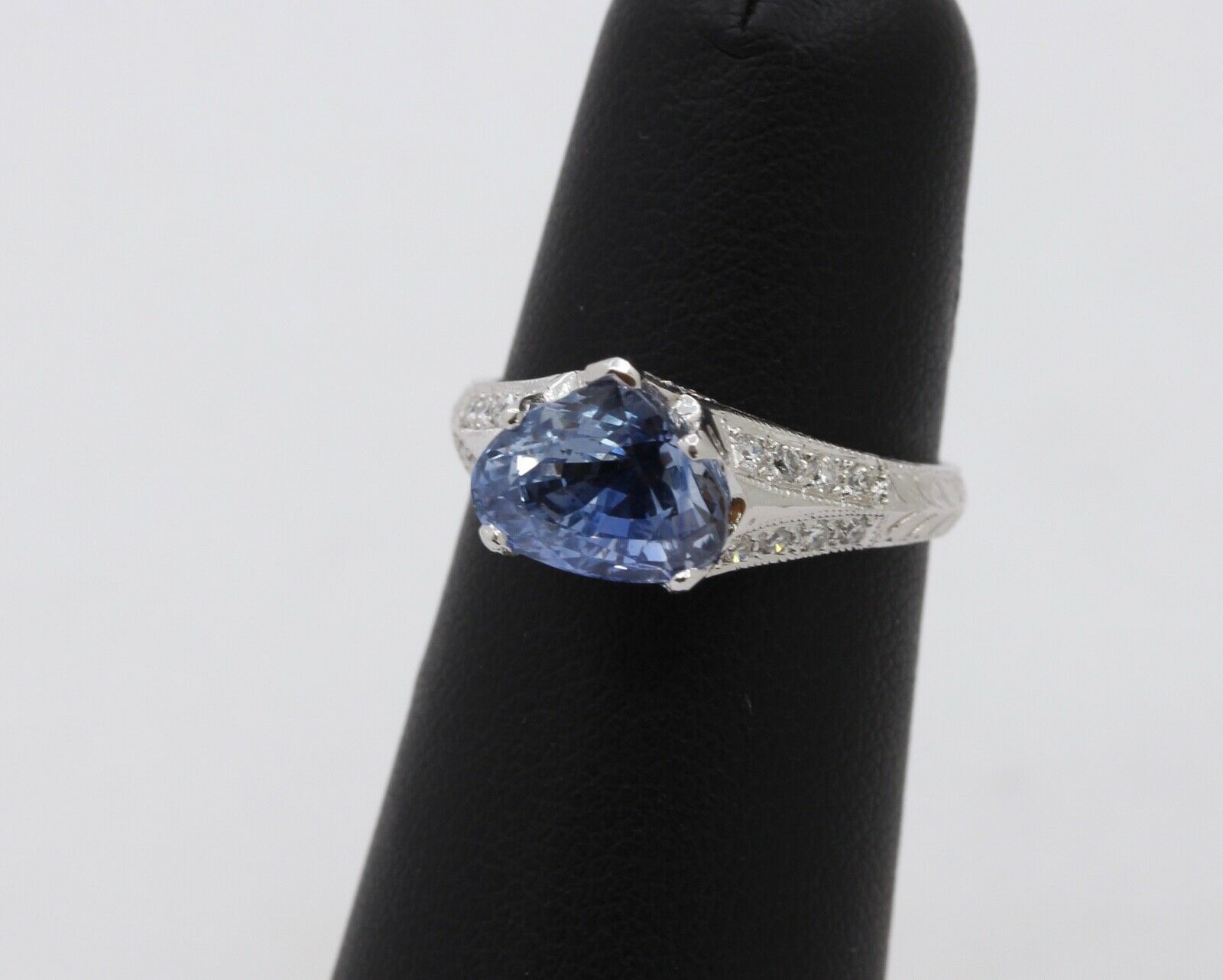 Uniquely Shaped Blue Sapphire and Diamonds 18K White Gold Ring