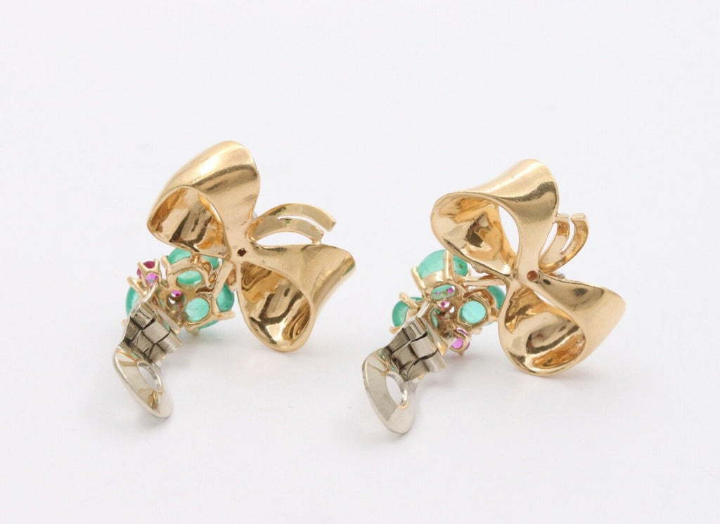 Vintage Bow Emeralds Rubies Diamonds 14K Yellow Gold Earrings