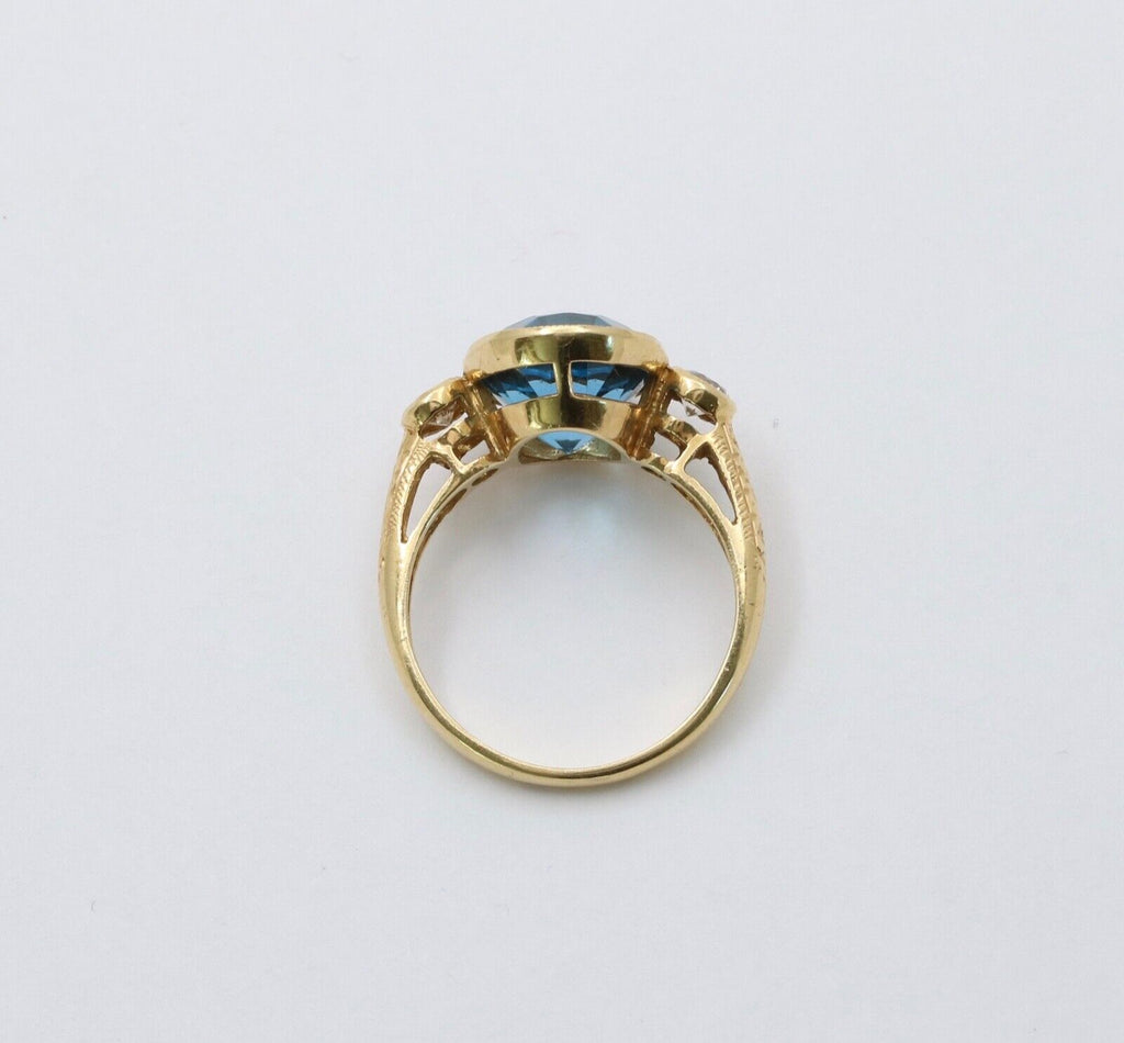 Vintage 14K Yellow Gold London Blue Topaz and Diamond Statement Ring
