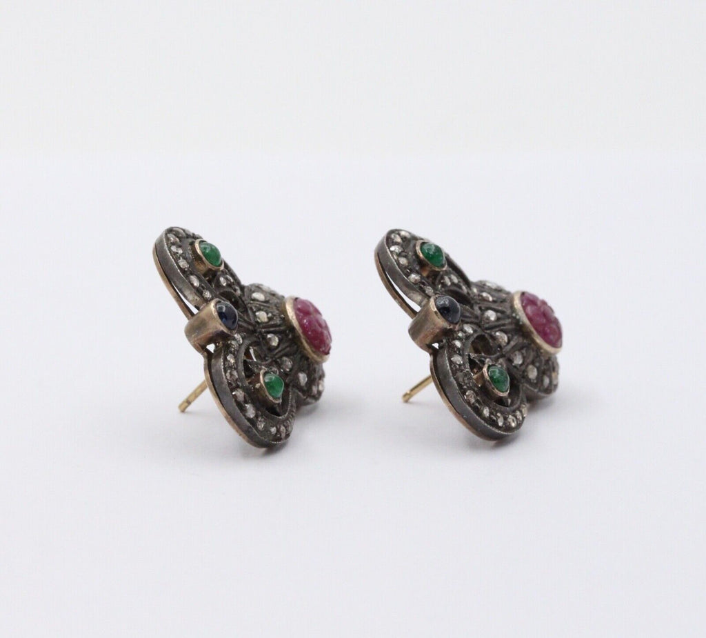 Antique 14K Gold & Silver Diamond, Ruby, Emerald and Sapphire Earrings